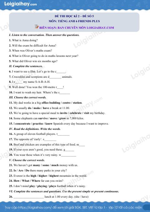 Đề thi học kì 2 Tiếng Anh 6 Friends Plus - Đề số 5